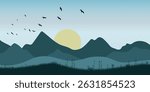 A landscape with silhouettes of mountains in the background, with the sun rising or setting. A flock of flying birds can be seen in the sky, and a field of grass stretches in front of the mountains.