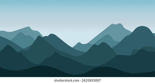 A landscape with silhouettes of mountains. Birds are flying in the sky, and a field with grass is visible in front of the mountains.