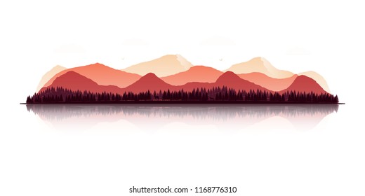 Landscape with silhouettes of mountains, forests, deer, wolf and eagles in autumn colors. Panoramic view with reflection. Vector illustration.