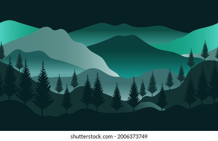 Landscape with silhouettes of mountains, hills and pine trees, seamless pattern vector illustration