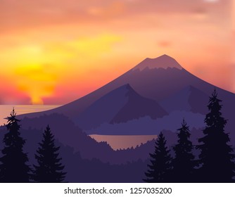 Landscape with silhouettes of mountains, hills, trees with sunrise or sunset sky - vector illustration