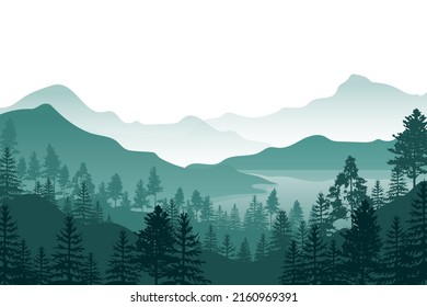 Landscape of silhouettes mountains and lake nature background