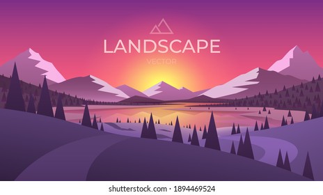 Landscape With Silhouettes Of Mountains And Mountain River. Nature Background. Vector Illustration.