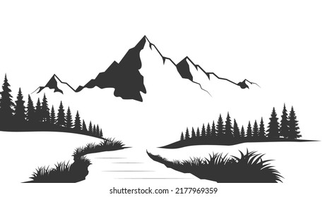 Landscape with silhouettes of mountains and Mountain river. Nature background. Vector illustration. Old style black and white mountain vector illustration.