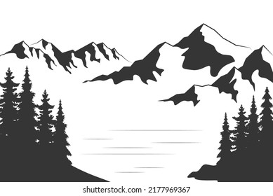 Landscape with silhouettes of mountains and Mountain river. Nature background. Vector illustration. Old style black and white mountain vector illustration.