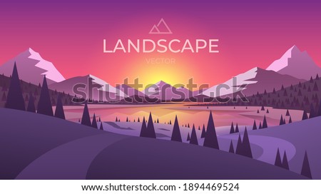 Landscape with silhouettes of mountains and Mountain river. Nature background. Vector illustration.