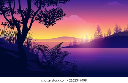 Landscape with silhouettes of mountains, trees and Sunrise or sunset lens flares sky 