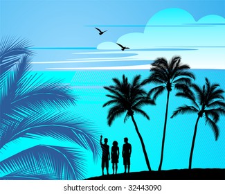 landscape with silhouettes of people, birds, palm trees