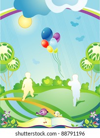 Landscape with silhouettes of running children and departing balloons and open book, vector
