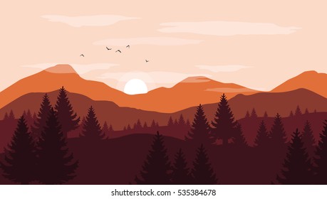 Landscape with silhouettes of trees, mountains and hills with sunset in the background and birds in the sky