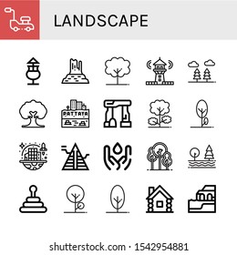 landscape simple icons set. Contains such icons as Lawn mower, Mai thai, Valley rocks, Tree, Lighthouse, Forest, Pattaya, Dolmen, Space colonization, can be used for web, mobile and logo