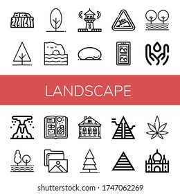 landscape simple icons set. Contains such icons as Stonehenge, Tree, Algarve, Lighthouse, Cloud gate, Hill, Gallery, Water, Volcano, Agriculture, can be used for web, mobile and logo