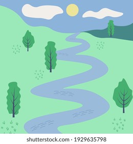 Landscape simple vector illustration with curvy river
