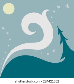 Landscape in simplified colors with blizzard, spruce (pine, cedar) and Sun (Moon)