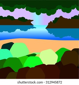 Landscape with simplified details with green bushes, mountainous islands, water and otrozhenie.