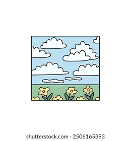 Paisaje en estilo doodle simplificado. Ilustración vectorial plana con contorno.