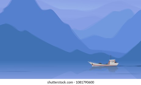 Landscape with single ship vector illustration