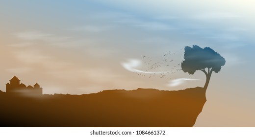 Landscape with single tree on a precipice in the wind. Vector illustration