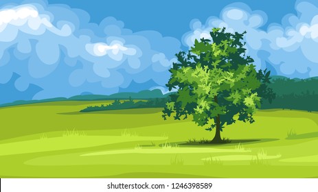 Landscape with single tree, vector illustration