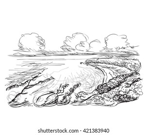 Landscape sketch drawing. Hand drawn cartoon nature