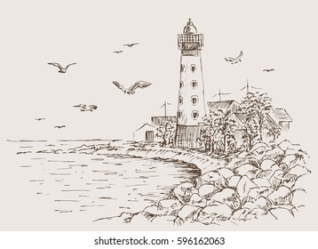 Landscape sketch of the lighthouse and the sea. Gulls, trees, house. Lighthouse sketch. Hands drawn to the rocky beach. Vectory illustration.