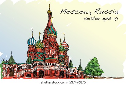 Landscape sketch, Moscow, Russia, Red square, free hand drawing illustration vector