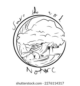 Esbozo paisajístico de las vistas al río. Río, árboles, roca, acantilado. boceto de pueblo.  Ilustración vectorial.