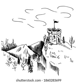 Landscape in sketch style. Ancient tower on the hill. Black and white, vector illustration