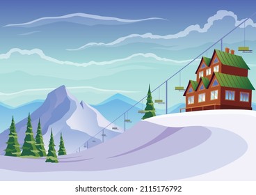 Landscape of ski resort vacation with ski lift and hotel building. Winter outdoor holiday activity sport in alps, view on mountain and forest. Alpine village chalet