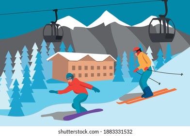 
landscape with skier and snowboarder