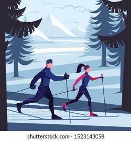 Paisaje con esquiadores.  Hombre y mujer van a los deportes. deportes de invierno. Estilo de vida saludable.  los atletas están esquiando. Ilustración vectorial.