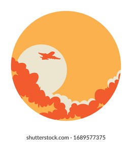 landscape with sky and clouds and airplane flying vector illustration design