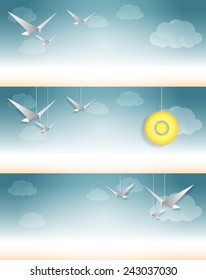 Landscape sky with clouds and birds sun seagulls
