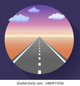Landscape with sky and clouds, land and asphalt road with marking, empty highway in desert, vector illustration