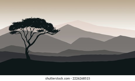 Landschaft Himmel Berg großen Baum Natur Silhouetten. Vektorgrafik.
