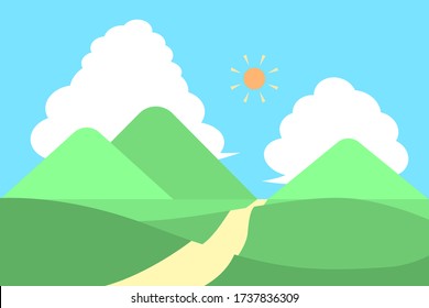 Landscape: sky, sun, clouds, mountains, hills, roads