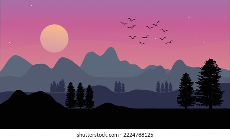 Landscape sky sunset mountain pine tree nature silhouettes. Vector illustration.