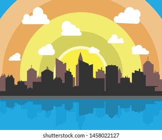 Landscape skyline shadow reflect river on big sun, minimal color background.