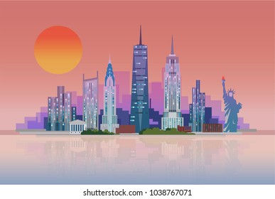 The landscape of skyscrapers of New York City with the statue of liberty. Vector flat illustration .