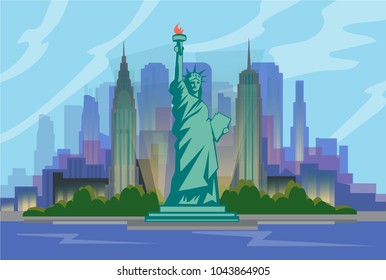 The landscape of skyscrapers of New York City with the statue of liberty. Vector flat illustration .