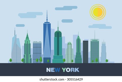 The landscape of skyscrapers in New York. Vector flat illustration.