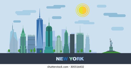 The landscape of skyscrapers in New York. Vector flat illustration.