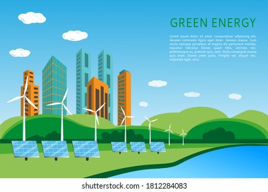 Landscape with skyscrapers, solar panels and wind turbines for generating electricity. Renewable, clean, green energy concept banner design. Flat style vector illustration. Place for your text.