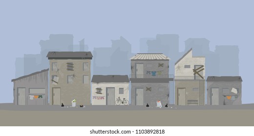 Landscape of slum city or old town slum urban area, vector illustration.
