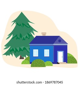 Landscape with a small house in a flat minimalist style. The house, bushes and a big, fluffy tree. Flat vector illustration.
