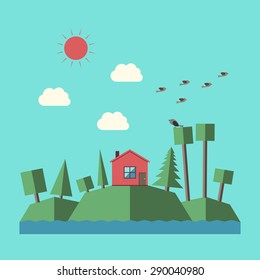 Landscape with small house, green hills, various trees, river, clouds, sun and birds. Flat style. EPS 10 vector illustration, no transparency