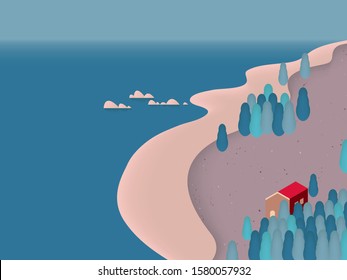 Landscape of small house on the beach with big blue sea