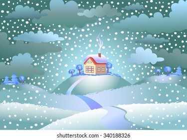 Landscape with the small house on snowy day, a vector illustration.