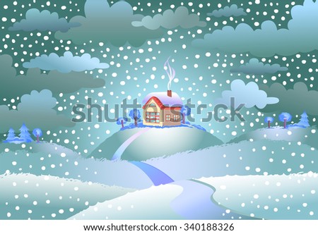 Landscape with the small house on snowy day, a vector illustration.