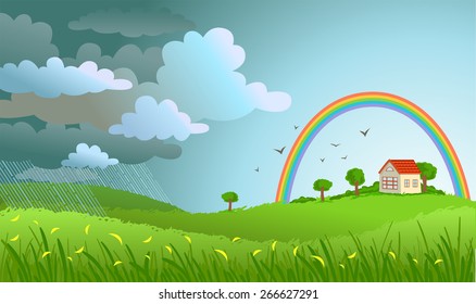 Landscape with the small house -  a rain  passed and the rainbow appeared.